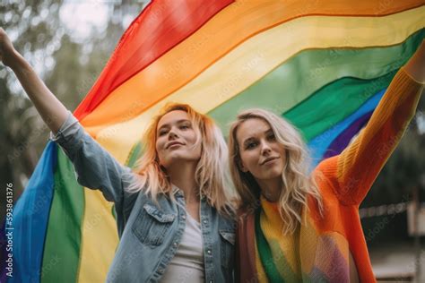 Gay Women Lesbian Couple With LGBT Rainbow Flag LGBT Pride Month Celebration Generative Ai