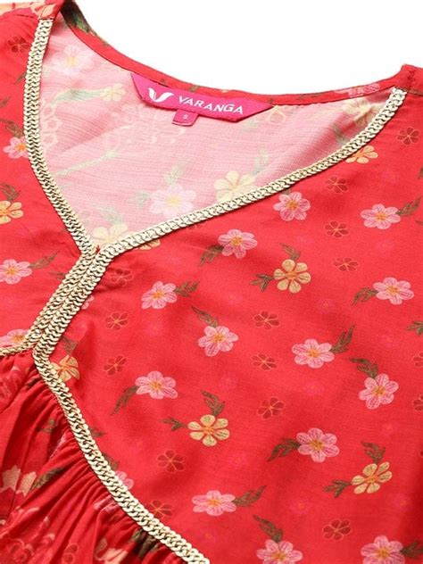 Varanga Women Red And Gold Toned Floral Printed Gotta Patti Cotton Kurta