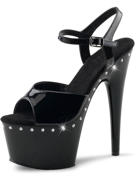 Pleaser - Embellished Glossy Black Platform High Heels with Rhinestones ...