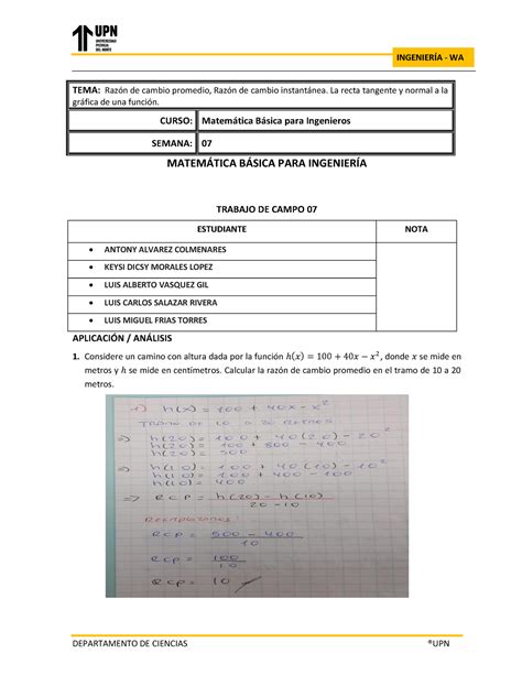 Trabajo De Campo N Grupal Matemtica Bsica Para Ingenier A