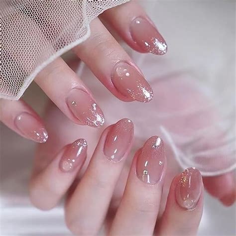 Amazon Nude Pink Press On Nails Short Fake Nails Ovals With Rhinestones Tip Glitter Designs