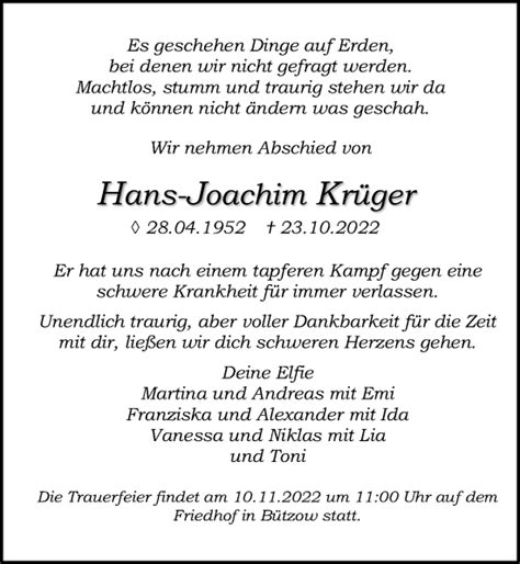 Traueranzeigen Von Hans Joachim Kr Ger Trauer Anzeigen De