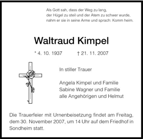 Traueranzeigen Von Waltraud Kimpel Trauer Hna De