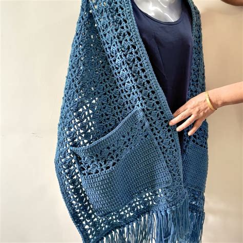 Easy Crochet Pocket Shawl Pattern For Beginner Womens Wrap Or Etsy