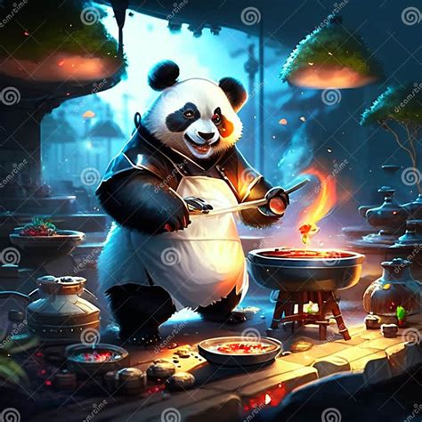 A Panda Sits In Front Of A Table Full Of Food And Drinks Generative Ai