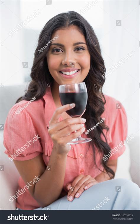 Happy Cute Brunette Sitting On Couch Stock Photo Shutterstock