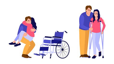 Vector Illustration Of Rehabilitation Cartoon Scene With Guy Who Helps Girl Get Back On Her Feet