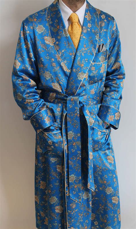 Classic Dressing Gown For Man In 100 Printed Satin Silk With Satin Piping