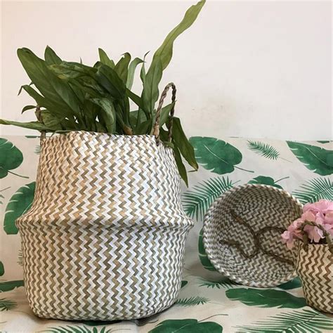 Home Decor Storage Basket Rattan Straw Wicker Folding Flower Pot