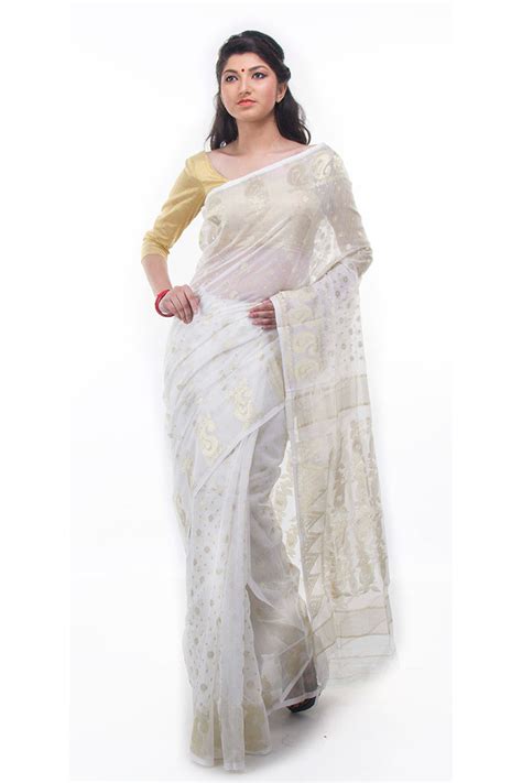 Exclusive White Gold Dhakai Jamdani Muslin Saree From Bangladesh