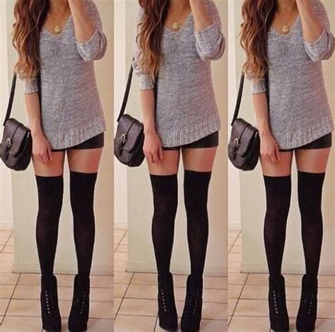 Over The Knee Socks With Shorts And A Jumper Stylish Fall Outfits