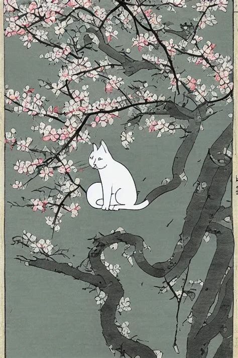 White Cat In Sakura Tree In The Style Of Utagawa Stable Diffusion