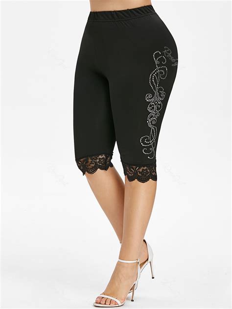 Plus Size Lace Trim Rhinestone Capri Leggings [56 Off] Rosegal