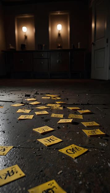 Forensic Evidence Markers In A Dimly Lit Room Crime Scene Photography