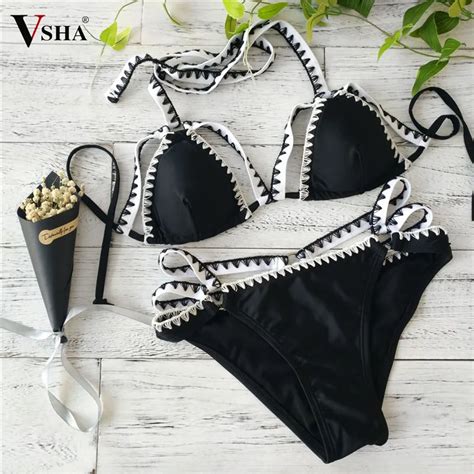 Vsha Black Sexy Bath Bikini Suit Women Low Waist Thong Two Piece Beach