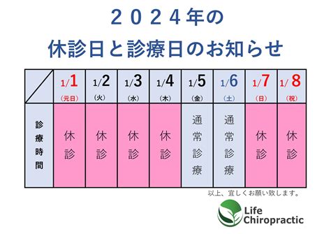 2024年1月の休診日と診療日のお知らせ ライフカイロプラクティック整骨院