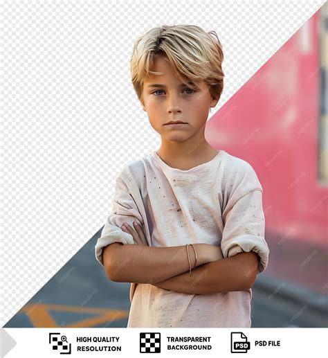 Premium PSD | Serious preadolescent boy standing in the middle of the
