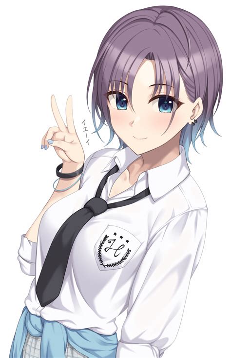 Safebooru 1girl Ahoge Asakura Tooru Bangs Black Neckwear Blue Eyes Blue Nails Blush Bracelet