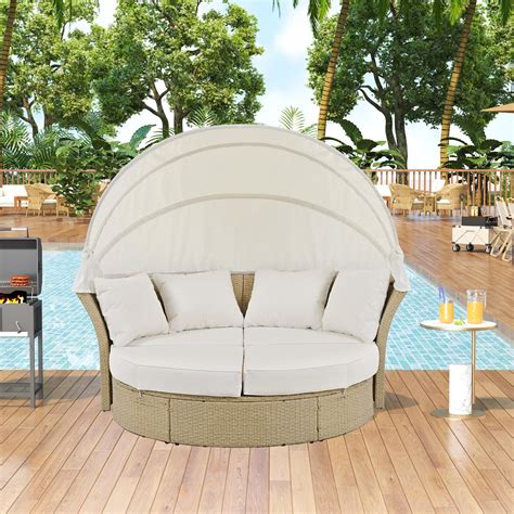 Merax Outdoor Wicker Rattan Double Daybed Set With Retractable Canopy