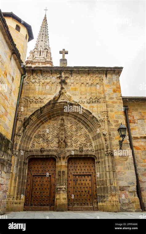 Facade And Gates Old Wooden Doors Cathedral Of Santiago Bilbao Spain