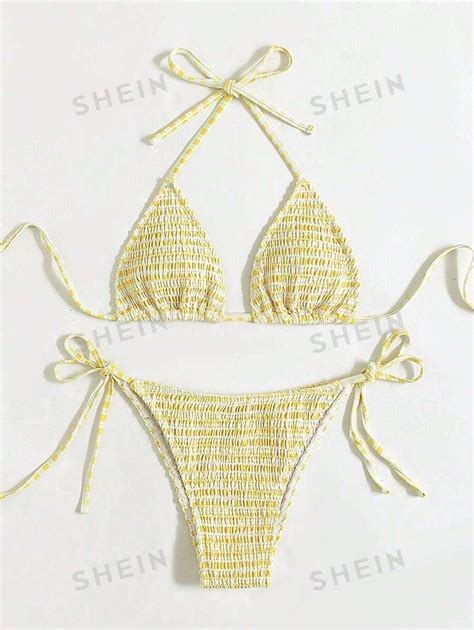 SHEIN Swim Vcay Striped Bikini Set Smocked Triangle Bra Thong Bottom