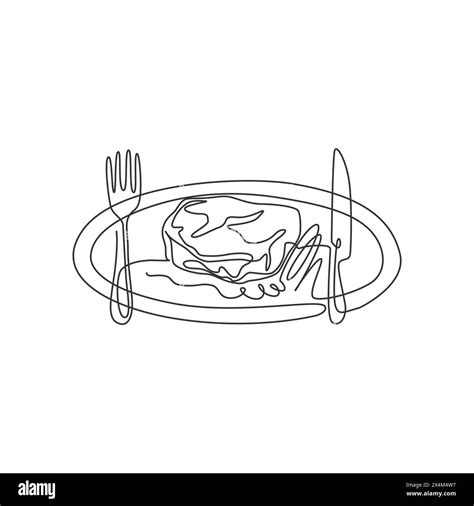 Single Continuous Line Drawing Of Stylized Rosemary Steak On Plate With Knife And Fork Steak