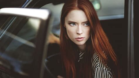 Wallpaper Women Redhead Model Long Hair Car Glasses Green Eyes