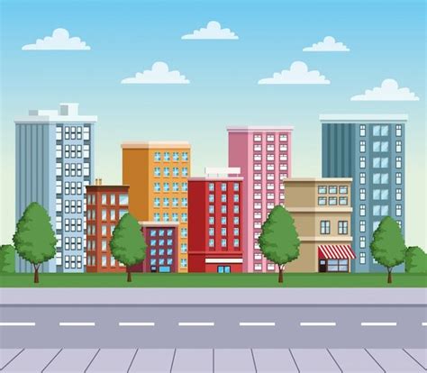 Premium Vector Buildings Cityscape With Road Urban Scene In