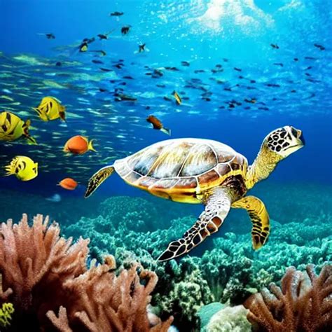 Sea Turtle Floating Of Above Beautiful Coral Reef Stable Diffusion