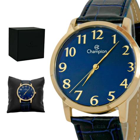 Rel Gio Anal Gico Masculino Champion Dourado Couro Azul Social Original