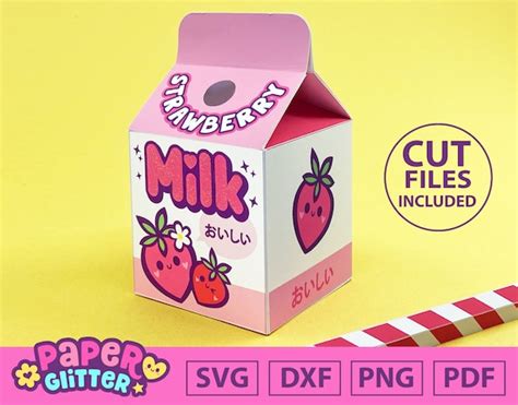 Kawaii Strawberry Milk Carton Box Template Svg Cut Files Etsy