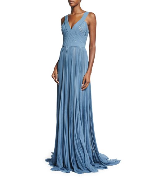 J Mendel Pleated V Neck Silk Chiffon Gown Parisian Blue