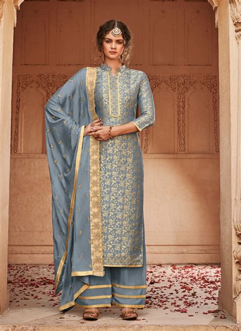 Gray Banarasi Pakistani Palazzo Suit SF9188 3 Shopneez Suits