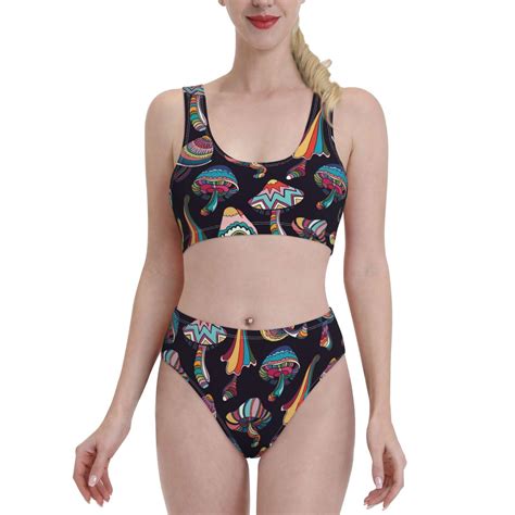 Lukts Women High Waisted Bikini Set Colorful Mushrooms Swimsuit Piece