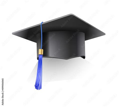 Vector realistic mortar hat. Philosopher student graduation cap with blue tassel. Black hat at ...