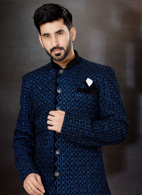 Velvet Black And Blue Thread Work Indo Western Sherwani