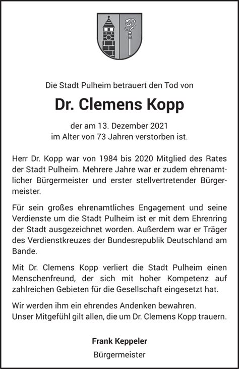 Traueranzeigen Von Clemens Kopp Wirtrauern