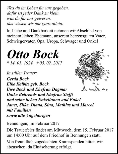 Traueranzeigen Von Otto Bock Abschied Nehmen De