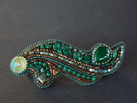 Malachite Barrette Swarovski Hairpin Bead Embroidery Seed Etsy