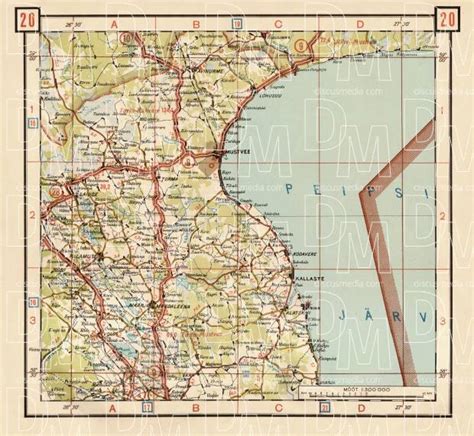 Old map of the east Estonia northwest from lake Peipsi Järv in 1938