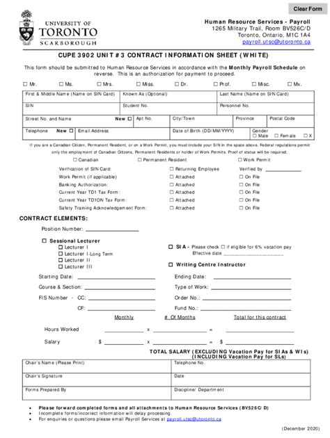 Fillable Online 2021 CUPE 3902 Unit 3 Contract Information Sheet Fax