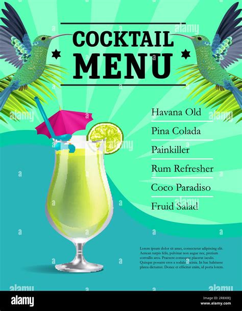 Cocktail Menu Poster Template Design Glass And Colibri Birds Stock Vector Image And Art Alamy