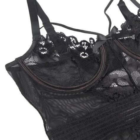 Black Lace Bodysuit Teddy Lingerie With Garters Leopard Lace Australia