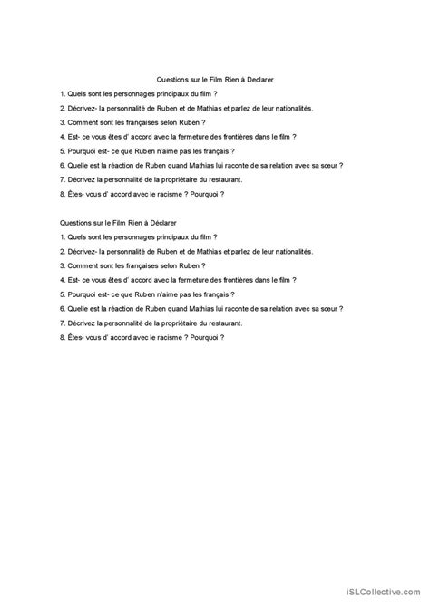 Film Rien à déclarer Français FLE fiches pedagogiques pdf doc