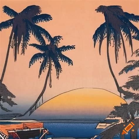 Ukiyo E Style Landscape With Palm Trees And Sunset On Craiyon