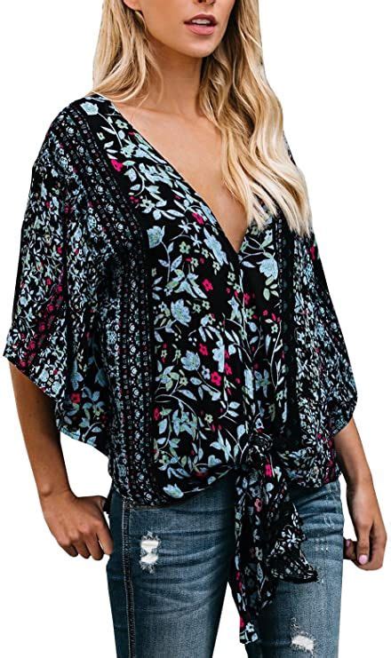 Farktop Womens Floral V Neck Tie Knot Front Blouses Bat Wing Short Sleeve Chiffon Tops Shirts