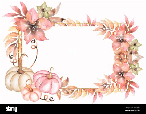 Golden Frame With Watercolor Pink And Beige Floral Composition Hand Drawn Garden Flowers With