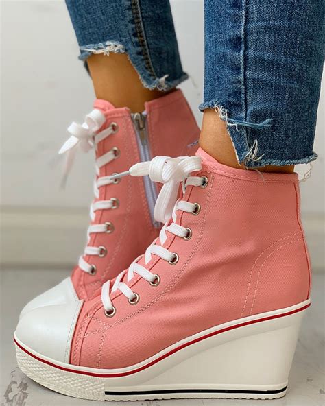 Eyelet Lace Up Platform Wedge Sneakers