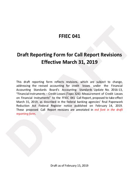 Fillable Online FFIEC 041 Draft Reporting Form For Call Report Fax