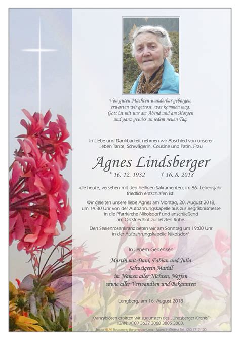 Todesanzeige Agnes Lindsberger Trauer Link